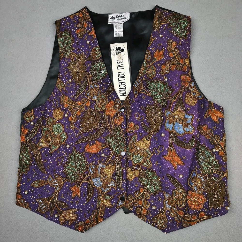 Vintage Bali Collection Beaded Vest Women One Size/Large Multicolor Leaf Art New